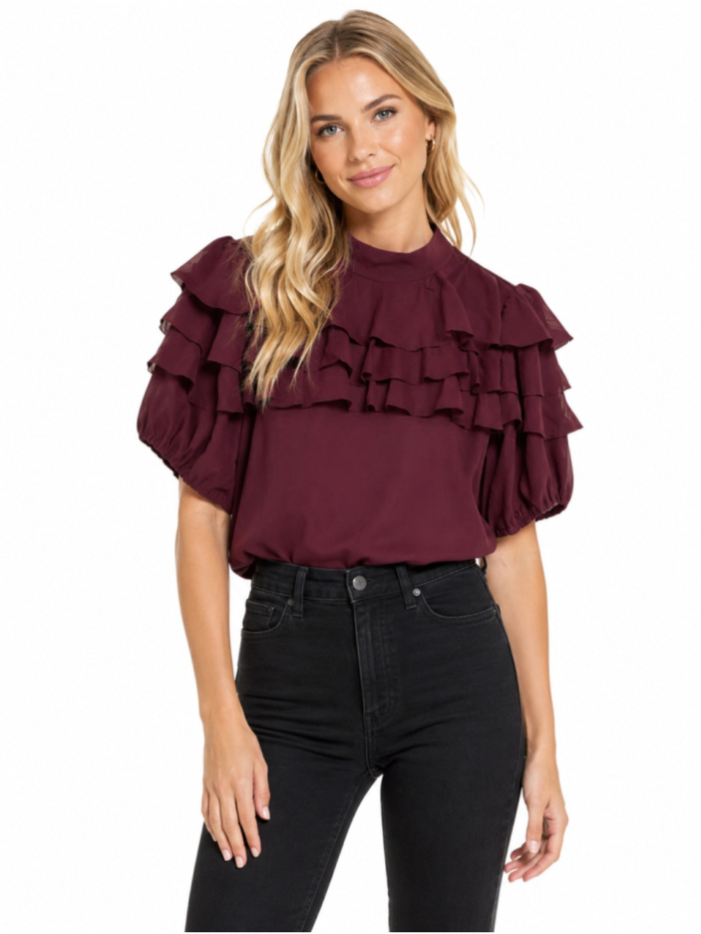 80 Park Burgundy Ruffle Blouse Size M NWT